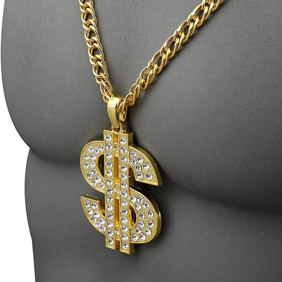 Zara $ Money Gold + Clear Crystals Link Chain Necklace Hip Hop - Picture 6 of 16